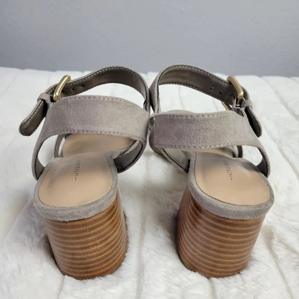 14th & UNION // taupe grey suede adjustable ankle strap heeled sandals